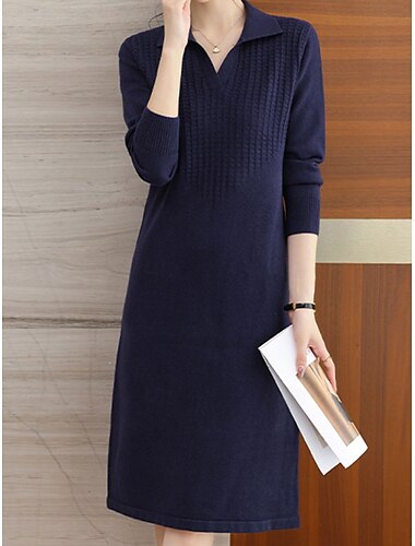  Damen Valentinstag Pullover Kleid schlicht Midi Kleid Langarm Hemdkragen normale Passform Urlaub stylisch Basic Casual Alltag rot blau khaki Herbst Winter