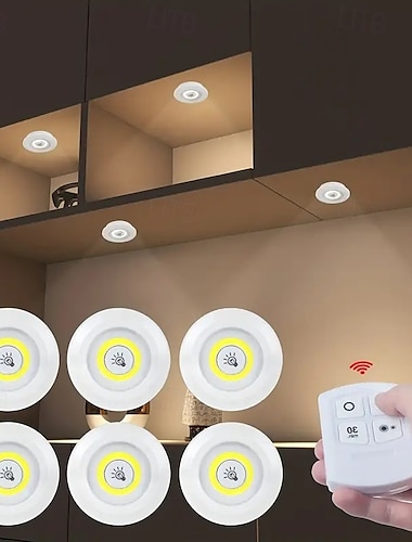  Kit de iluminación LED para debajo de los gabinetes, 6 piezas, regulable con control remoto, luces LED de disco perfectas para el armario del dormitorio de la cocina
