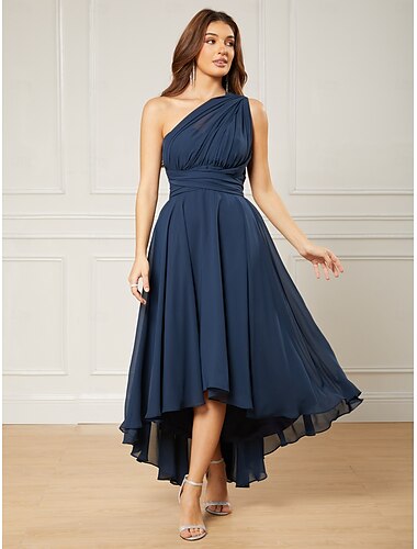  A-Linien-Kleid für Hochzeitsgäste, elegantes, formelles Kleid in Teelänge, ärmellos, eine Schulter, Chiffon mit Rüschen für Hochzeitsgäste im Herbst 2025