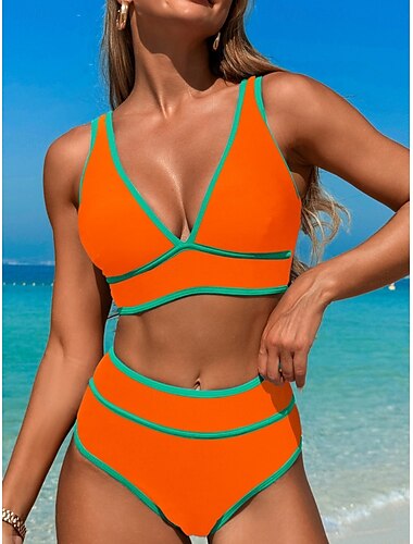  Damen Badeanzug Bikinis 2 Stück Unterhosen Bademode Rückenfrei Schlank Urlaub Strandbekleidung Feste Farbe V Ausschnitt Ärmellos Badeanzüge