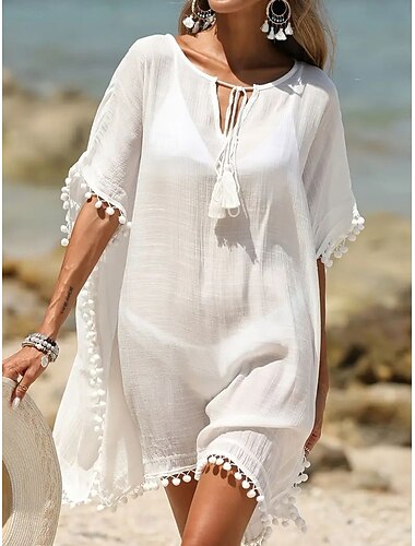  Mujer Vestido Midi vestido de playa Tropical Elegante Diario Cita Holgado Plano Manga Corta Cuello Barco Blanco Verano