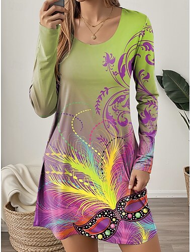  Женское мини платье,casual,платье для миниатюрных футболка-платье платье-футболка,сарафан,casual,отпуск,уличный,регулярная посадка,цветочный,графика,долгий рукав,круглый вырез,зеленое,осень,зима