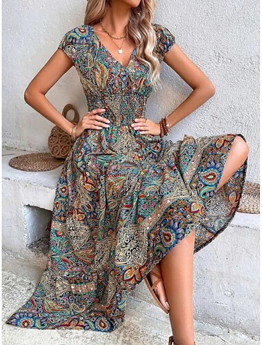  Mujer Vestido maxi Vestido informal Vestido de Columpio Vestido de una línea Vestido bohemio Bohemia Étnico Casual Diario Ajuste regular Cachemir Manga Corta Escote en Pico Azul Piscina Verano