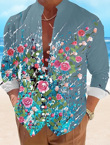  Valentinstag Herren Blumen Lässiges Hemd Knopfhemd Langarm Resort Urlaub Casual Sommer Frühling V Ausschnitt Knopf hoch Weiß Rosa Blau Grün