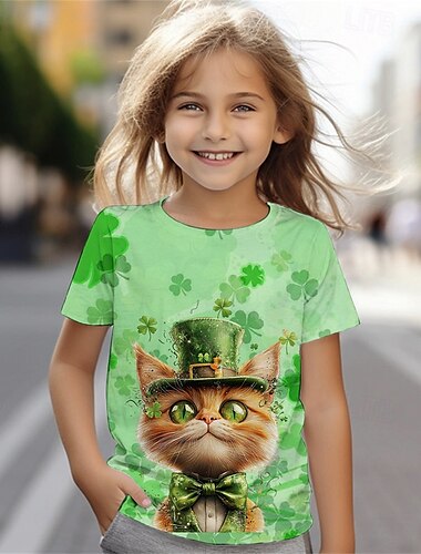  St. Patrick Mädchen 3D Graphic Katze Vierblättriges Kleeblatt T-Shirt Kurzarm Sommer Frühling Modisch Basic kinderkleidung 4-12 Jahre Rundhalsausschnitt Outdoor Casual Täglich Regular Fit