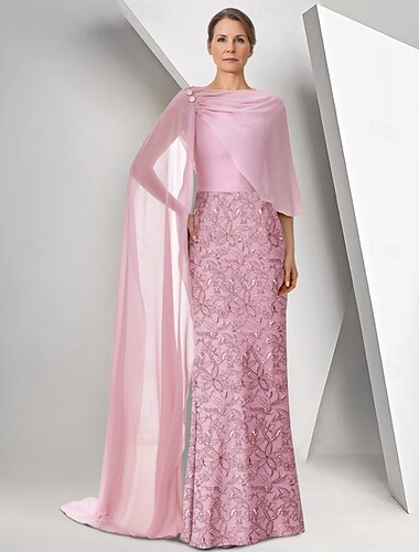  Etuikleid/Säulenkleid, elegantes Kleid für die Brautmutter, U-Boot-Ausschnitt, bodenlang, Chiffon, kurze Ärmel, mit Spitzenstickerei 2025