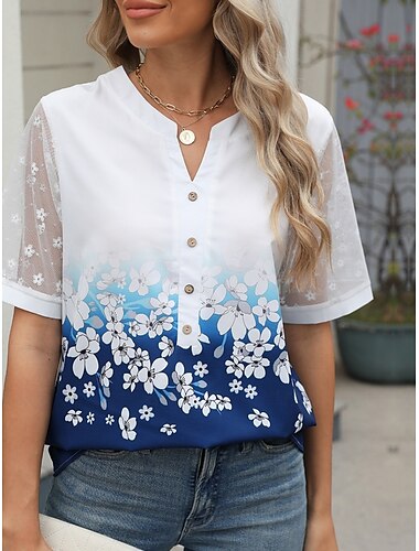  Damen Hemd Bluse Blumen Brautkleider schlicht Halbe Ärmel Gekerbter Hals Normale Oberteile Täglich Gitter Patchwork Knopf Schwarz Wein Blau Sommer