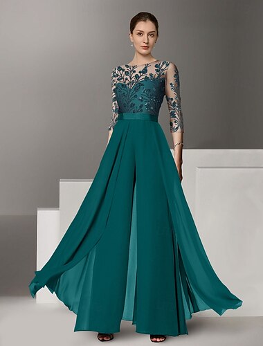  Byxdresser Morsan till bruden Strandbröllop Elegant Illusion Neck Golvlängd Stretch Chiffong 3/4 Lång ärm med Spets Enhetlig färg 2025