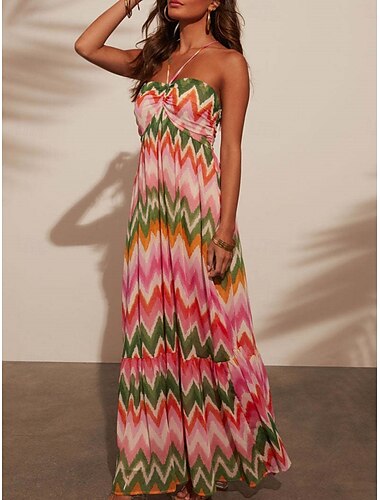  Damen Maxidress Casual kleid A Linie Kleid skims dress Boho-Kleid Stilvoll Brautkleider schlicht Urlaub Täglich Regular Fit Blumen Ärmellos Halfterhals Rosa Frühling Herbst