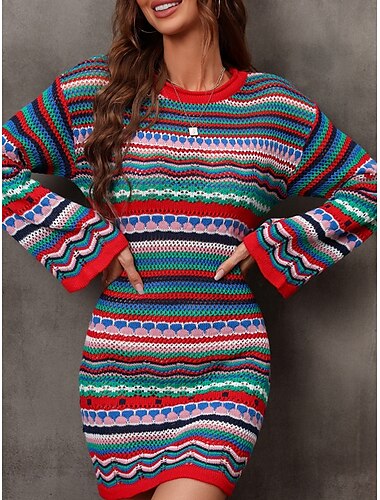  Damen Pullover Pullover Kleid Brautkleider schlicht Weich Gestreift Gehäkelt Rundhalsausschnitt Strick Langarm Lange Oberteile Stricken Outdoor Täglich Wochenende Fuchsie Grün Sommer Frühling