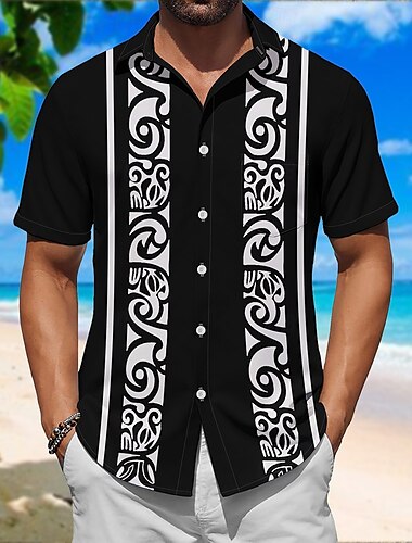  Herren Blumenmuster Ethnisch Linie Hemd Knopfhemd Kurze Ärmel Künstlerisch Lässig Bequem Outdoor Urlaub Straße Frühling & Sommer Hemdkragen Drucken Schwarz