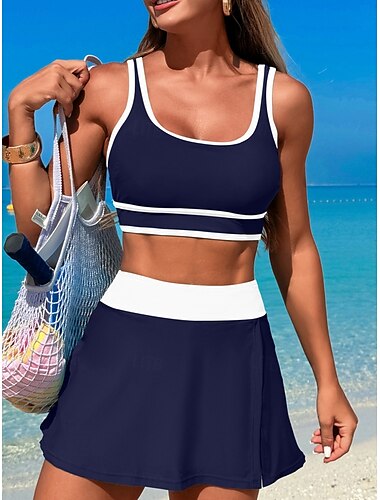  Femme Maillots de Bain Bikinis 2 pièces Jupe Maillot de bain Dos Nu Mince Vacances Tenues de plage Couleur unie Col en U Sans Manches Maillots de bain
