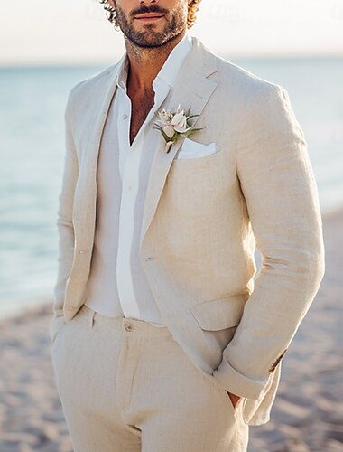  Costumes de mariage en lin pour hommes beiges costumes de garçons d'honneur été légers décontractés couleur unie coupe standard 2 pièces à simple boutonnage un bouton
