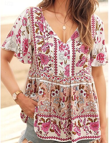  Per donna Camicia Blusa Floreale Boemia Informale Manica corta A V Top regolari Giornaliero Stampa Bianco Rosa Blu marino Estate Primavera