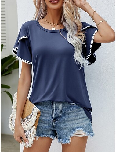  Dames T-shirt Effen Modieus Modern Casual Korte mouw Strakke ronde hals Normale tops Dagelijks Weekend Lapwerk Kwastje Blozend Roze Marineblauw Groen Zomer