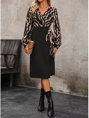  Per donna Vestito longuette Abito casual Abito a fascia Abito linea A Moda Informale Da mare Giornaliero Standard Color Block Manica lunga A V Nero Primavera Autunno