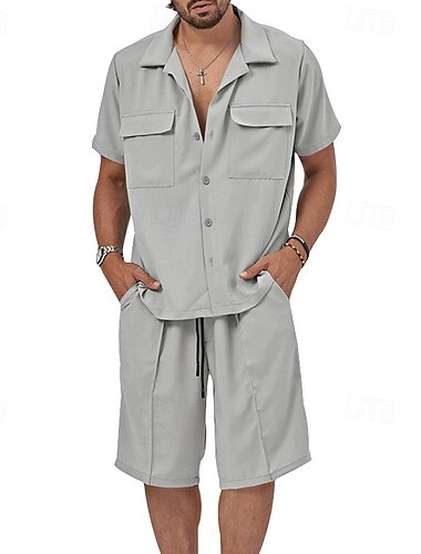  Hombre 2 Piezas Conjunto de camisa conjunto de verano Camisa casual Abotonar la camisa Negro Blanco Verde Claro Verde Trébol Color Caquí Manga Corta Plano Cuello Vacaciones Diario Bolsillo Ropa Moda
