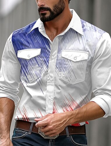  Herren Amerikanische US-Flagge Lässiges Hemd Westernhemd Knopfhemd Langarm Western Brautkleider schlicht Sport Normal Casual Frühling Herbst Umlegekragen Knopf hoch 2 Taschen Schwarz Weiß Blau