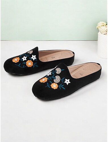  Schwarze/gelbe Pantoletten zum Hineinschlüpfen mit Blumenstickerei und gepolsterter Sohle für Damen – bequeme Freizeitschuhe für zu Hause und den Alltag
