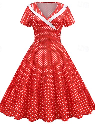  Elegant Klassisch 1950er Kleid Tupfen A-Linie Damen Valentinstag Veranstaltung / Fest Date Teegesellschaft Erwachsene Kleid Frühling & Sommer