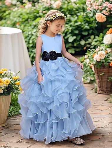  プリンセス フロアレングス フラワーガールドレス キンセアネラ 女の子のかわいいプロムドレス オーガンザ リボン付き ロイヤルスタイル 3-16歳用