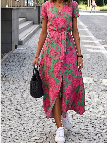  Femme Robe Maxi Robe casual Robes bohème chic Bohême Le style mignon mode Vacances du quotidien Plage Ample Graphic Manche Courte Col V Bleu Vert Arc-en-ciel Eté Printemps Automne