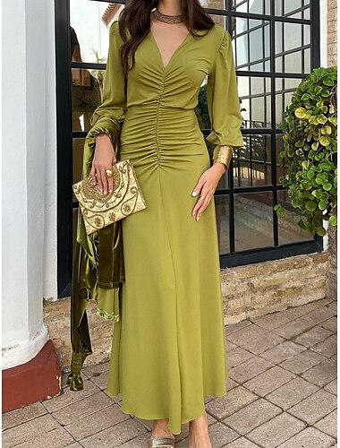  Damen Maxidress Bodycon Smaragdgrünes Kleid Elegant kleid hochzeitsgast Verabredung Regular Fit Glatt Langarm V Ausschnitt Grün Sommer Frühling
