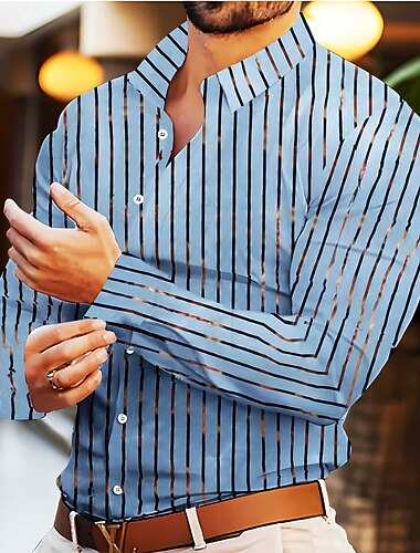  Men's Shirt Summer Shirt Striped Shirt Wrinkle Resistant Casual Shirt Button Up Shirt Stripe Wedding Vacation Light Blue Black White Red Long Sleeve Lapel Spring &  Fall Clothing Apparel