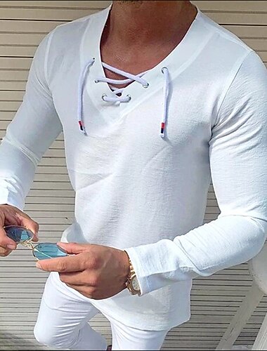  Homme Chemise en lin T-shirt Chemise à Manches Longues manche longue Col en V Printemps & Automne Couleur Unie Occasionnel À lacets Vacances Vêtements de Maison Noir Blanche Gris T-shirt haut de