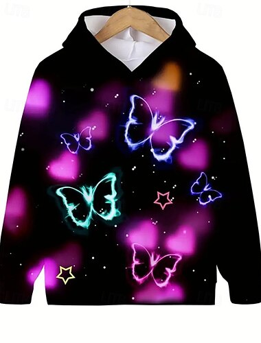  Para Meninas 3D Gráfico Borboleta Moletom Manga Longa Primavera Outono Moda Roupa de rua Infantil 4-12 anos Com Capuz Ao ar livre Casual Diário Normal
