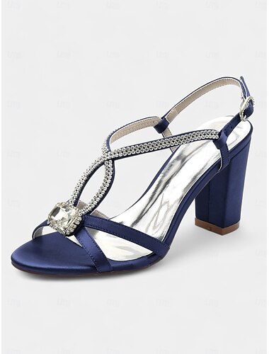  Royalblaue Satin-Strass-Sandalen für Damen – elegante Blockabsätze für Cocktailpartys, Hochzeiten und Abendveranstaltungen