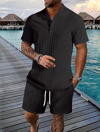  Hombre 2 Piezas Conjunto de camisa conjunto de verano Conjuntos a juego Camisa casual Abotonar la camisa Negro Blanco Azul Real Color Caquí Azul claro Manga Corta Plano Cuello Vacaciones Diario Ropa