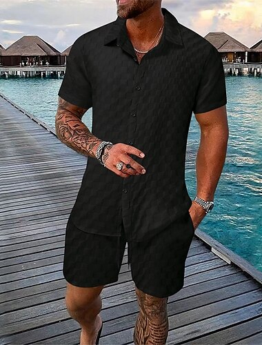  Herren 2 Stück Hemden-Set Sommer-Set Passende Sets Lässiges Hemd Knopfhemd Schwarz Weiß Hellgrün Blau Grün Kurzarm Glatt Kragen Urlaub Täglich Bekleidung Modisch Brautkleider schlicht Komfortabel