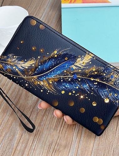  Portefeuille femme grande capacité avec imprimé plumes dorées, fermeture à glissière, dragonne et plusieurs emplacements pour cartes - élégant et pratique pour un usage quotidien, les voyages et les cadeaux rouge bleu vert