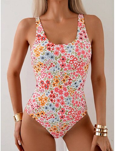  Damen Badeanzüge Einteiler Monokini Badeanzug Rückenfrei Bauchweg Hoch geschnitten Slim Urlaub Strandmode Blumen U-Ausschnitt Ärmellos Badeanzüge