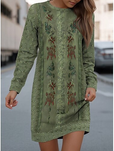  Mujer Mini vestido Vestido sudadera Vestido informal Vestido de invierno Mini vestido Casual Vacaciones Trabajo Calle Ajuste regular Floral Cuello Barco Verde Trébol Otoño Invierno
