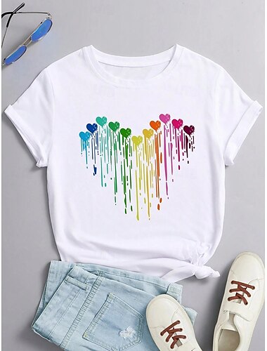  Dames T-shirt Hart Casual Korte mouw Ronde hals Normale tops Dagelijks Afdrukken Wit Zomer