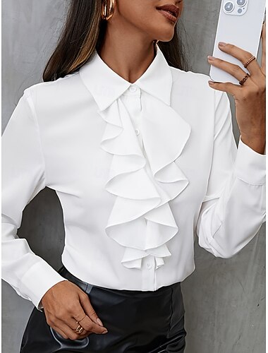  Damen Hemd Bluse Rüsche Knöpfe Einfarbig Geschäftlich Modern Lässig Langarm Hemdkragen Normale Oberteile Arbeit Formelle Kleidung Schwarz Weiß Sommer Frühling