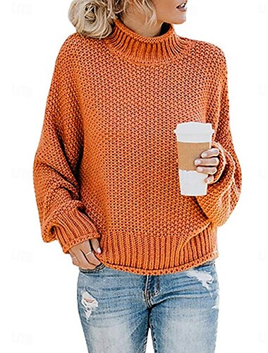  Damen Pullover Brautkleider schlicht Weich Einfarbig Gerippt Rundhalsausschnitt Strick Langarm Normale Oberteile Stricken Outdoor Täglich Wochenende Orange Khaki Herbst Winter