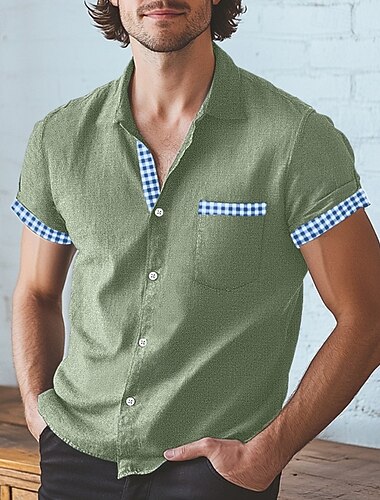  Herren Hemd Leinenhemd Strandhemd Blau Grün Kaki Kurzarm Karomuster Umlegekragen Heim Ferien Fronttasche Bekleidung Vintage Lässig