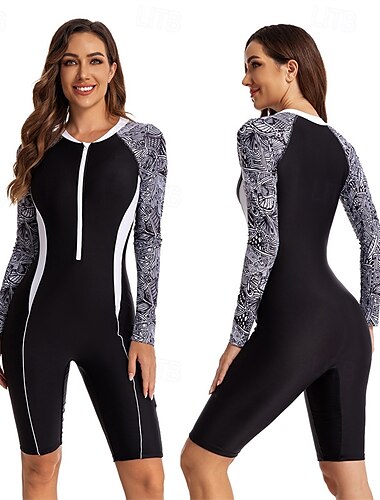  Mulheres Anti Atrito roupa de banho Proteção Solar UV UPF50+ Leve Manga Longa Elastano Body Roupa de banho Zíper Frontal Natação Surfe Praia Esportes Aquáticos Estampado Verão Primavera Outono