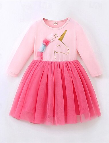  kinderkleidung Mädchen Kleid Einhorn Langarm Outdoor Casual Patchwork Modisch bezaubernd Polyester Übers Knie Casual kleid A Linie Kleid Tüll-Kleid Sommer Frühling 4 Jahre + Rosa Purpur Rosenrot