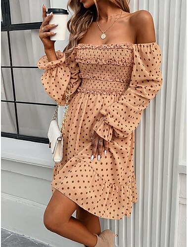  Damen Valentinstagskleid A-Linien-Kleid gepunktetes Minikleid Langarm schulterfrei Print normale Passform Urlaub Alltag weiß rot khaki Frühling Herbst