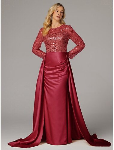  Meerjungfrau Abendkleid elegantes Kleid Karneval Maskerade bodenlang Langarm Illusion Hals Champagner Mutter der Braut Kleid Satin mit Perlen Überrock 2025