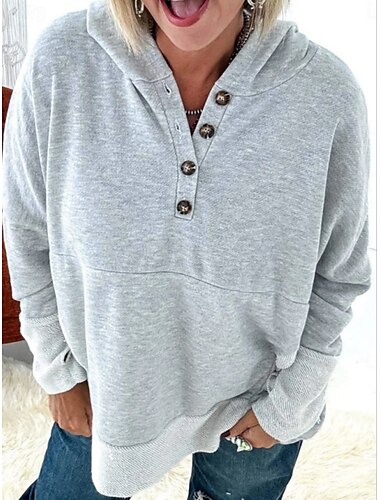  Damen Pullover mit Kapuze Sweatshirt Glatt Brautkleider schlicht Langarm Mit Kapuze Normale Oberteile Strasse Alltagskleidung Knopf Rote Hell Gray Dunkelgray Frühling Herbst