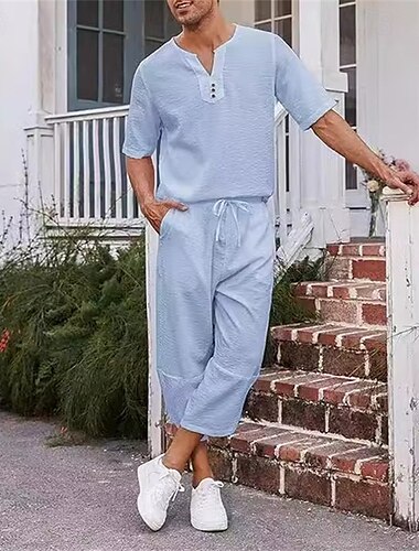  Herren Hemd 2 Stück Hemden-Set Sommerhemd Passende Sets Glatt Urlaub Strasse Schwarz Weiß Marineblau Khaki Kurzarm V Ausschnitt Sommer Bekleidung