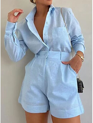  Per donna Quotidiano Camicia Set ispirati al lino Set da due pezzi Pantaloncini larghi Manica Lunga Colletto a Camicia Tinta unica Patchwork All'aperto Grigio porpora Bianco Blu Primavera & Autunno