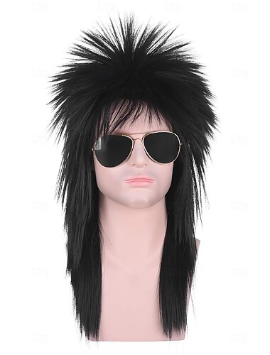  Lange schwarze Vokuhila-Perücke im 70er-80er-Stil für Damen und Herren im Glamour-Rock-Rocker-Stil für Halloween-Kostümpartys zum Karneval