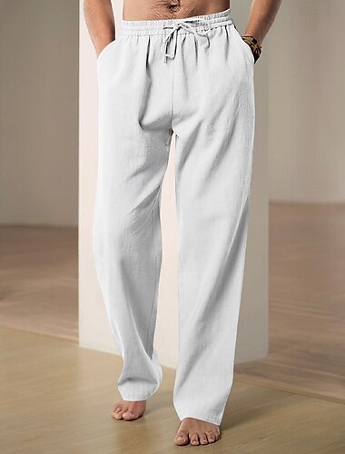  Herren Leinenhose Hose Hosen Sommerhosen Gazehose Kordelzug Elastische Taille Gerade geschnitten Glatt Komfort Atmungsaktiv In voller Länge Heim Casual Täglich Sport Klassicher Stil Schwarz Weiß