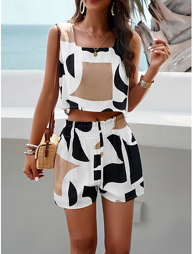  Damen Modisch Strassenmode Täglich Tank Top Baggy Shorts Kurze Hosen Ärmellos Quadratischer Ausschnitt Graphic Bedruckt Casual Täglich Schwarz Braun Grün Sommer Regular Fit